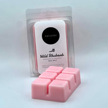 Load image into Gallery viewer, Pink wax melts in a clear clamshell package labeled 'Artistry Wild Rhubarb Wax Melts' with several pink wax cubes placed in front on a white background.
